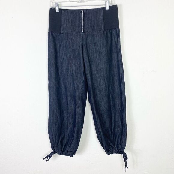Vintage y2k What’s Hot… Dark Wash Chambray Denim Tie Ankle Cropped Pants Size L - Picture 1 of 6